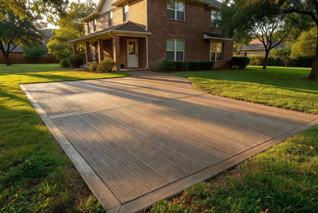 Finished concrete patio behind a house sloping toward the backyard