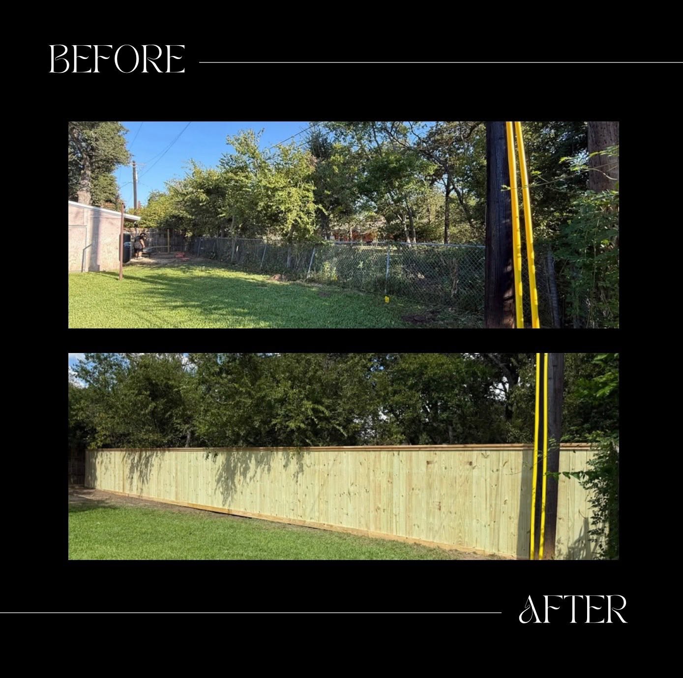 Before and after replacing a chain-link fence with a wood privacy fence