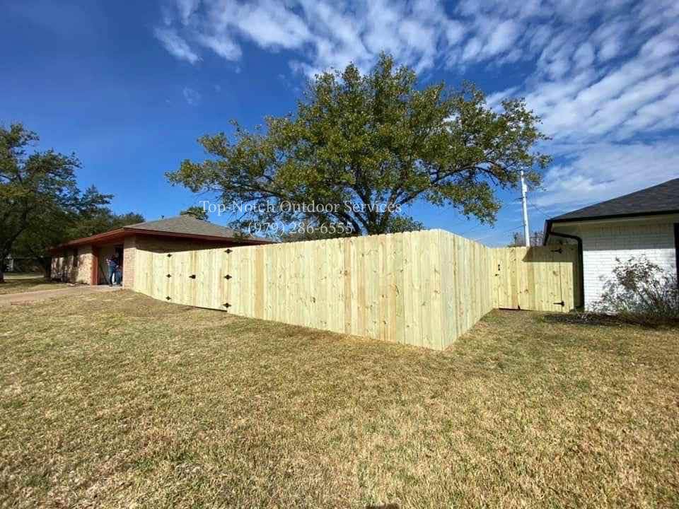 Privacy fence wrapping a corner lot under a large live oak
