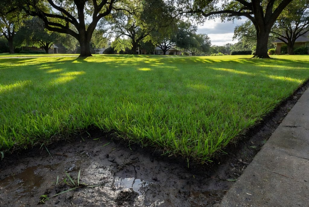 Edged lawn in Hearne with tree shade and damp soil after rain