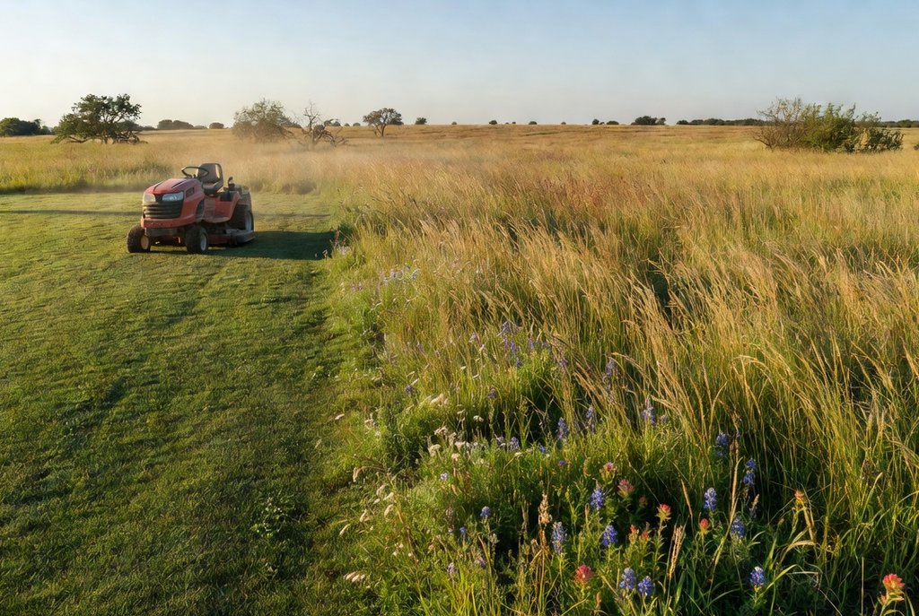 Riding mower at the boundary between cut lawn and tall uncut grass