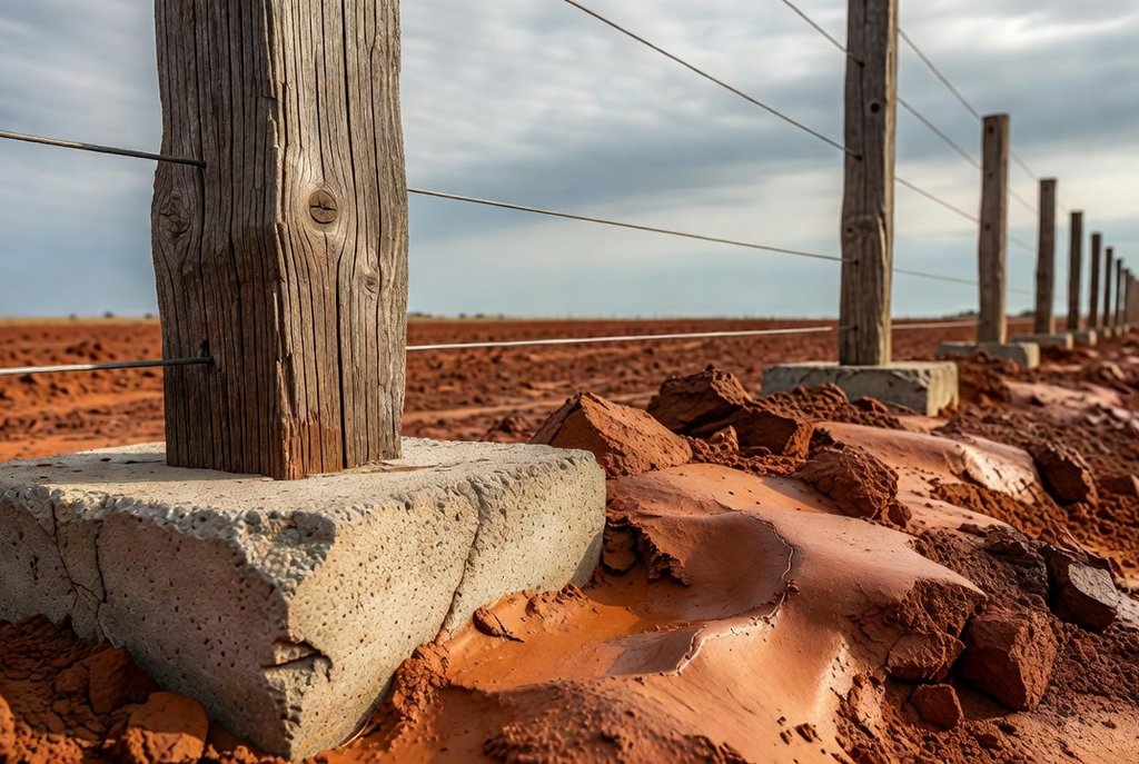 Fence post set in concrete footing next to clay soil